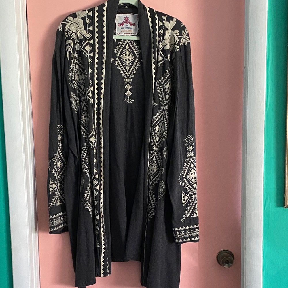 Johnny Was Jacket- Dark Charcoal and Cream Embroidered Sweater Coat